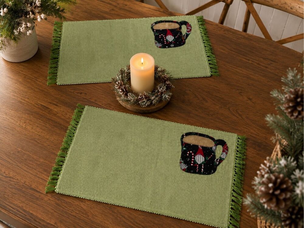 Rare Tommy Bahama Christmas Gnome Mug Placemats Set of 2 Green Fringe Table Mats